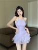 French Sweet Spice Girl Lace Splicing Neck Closed Waist Skinny Women's Summer A-Word Backless Suspender Pleated Dress