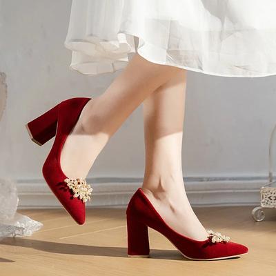 Design Shoes Spring/Autumn Pointed Toe Party Women's Thick Heels Fashion New Bride Red Suede Wedding Shoes Zaptos Mujer