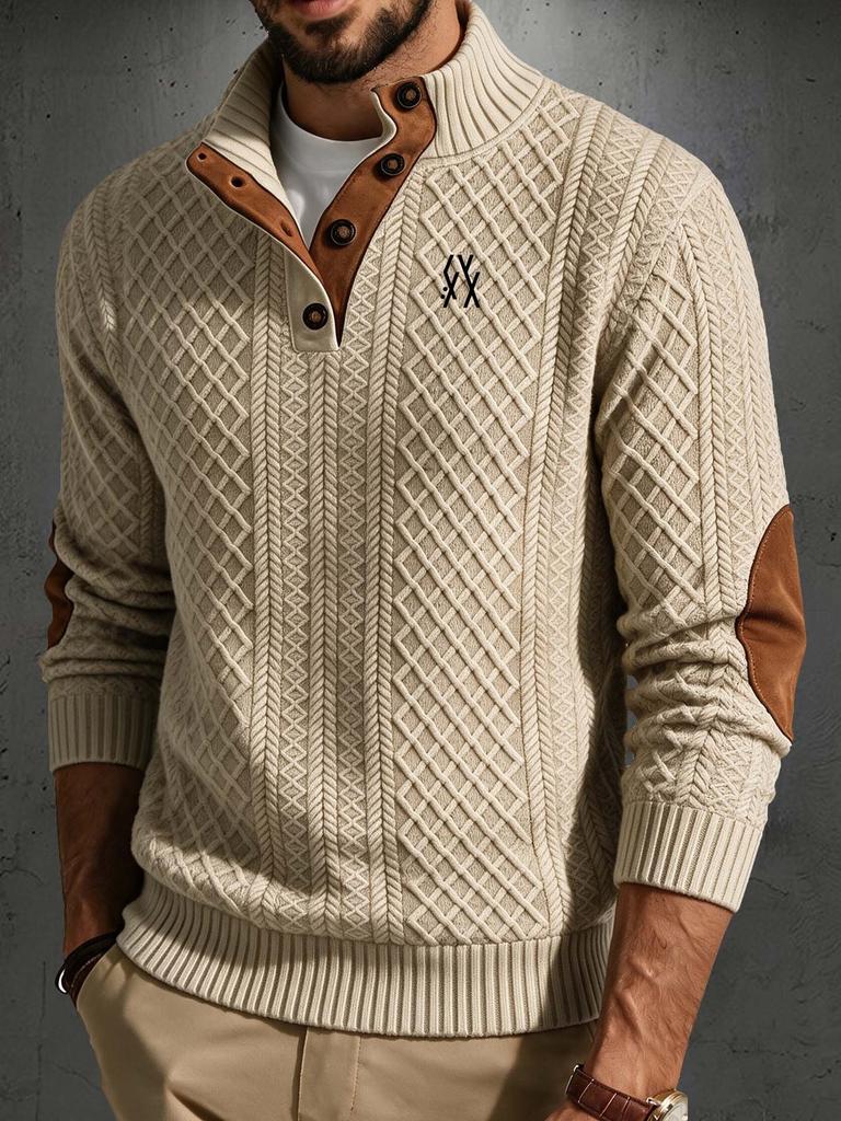 Men's Half Button Stand Collar Sweatshirt, Jacquard Textured Long Sleeve Pullover, Casual Top with Retro Suede Elbow Patches