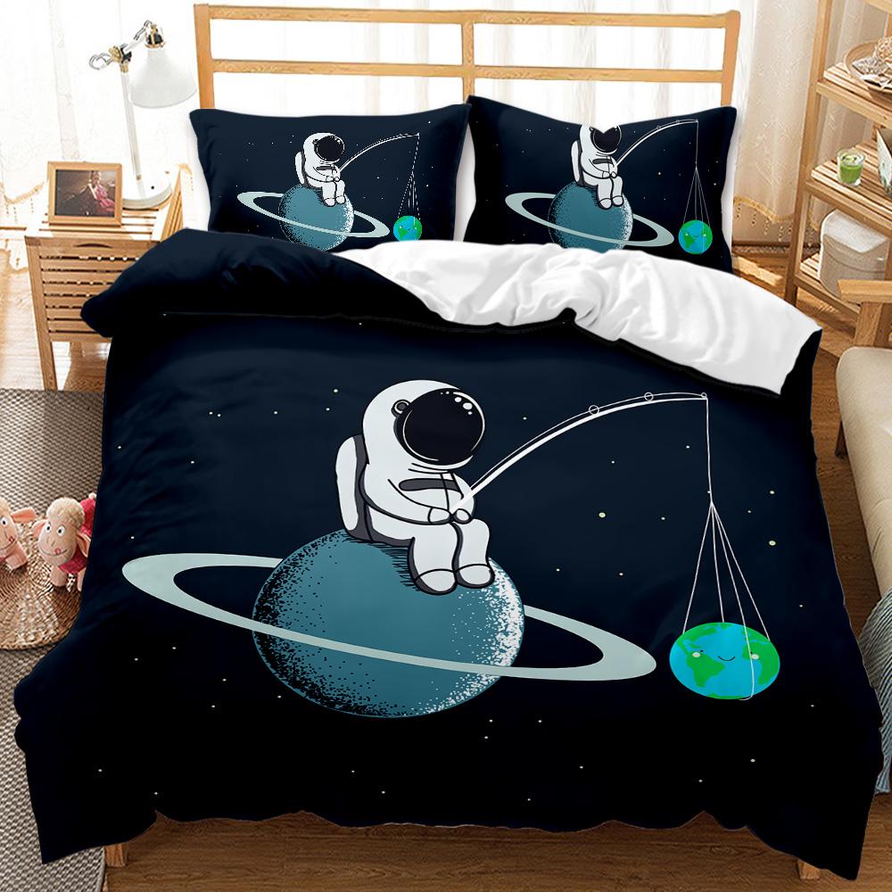 Child Cartoon Astronaut Duvet Cover Bedding Set King Size Boys Kids Galaxy Stars Out Space Soft Polyester Comforter Cover Black