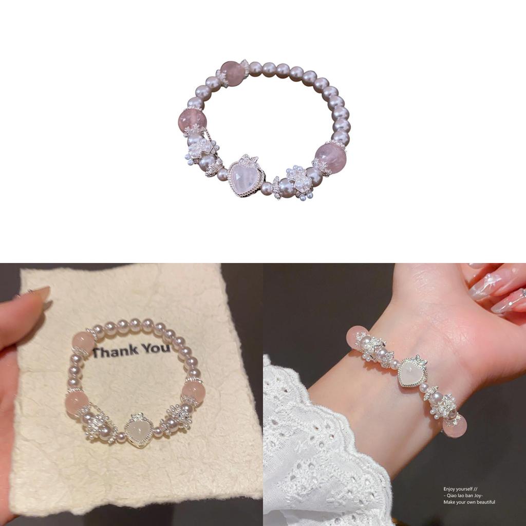 Pearl Crystal Heart Bead Bracelet With Stretchy Design For Women Gift