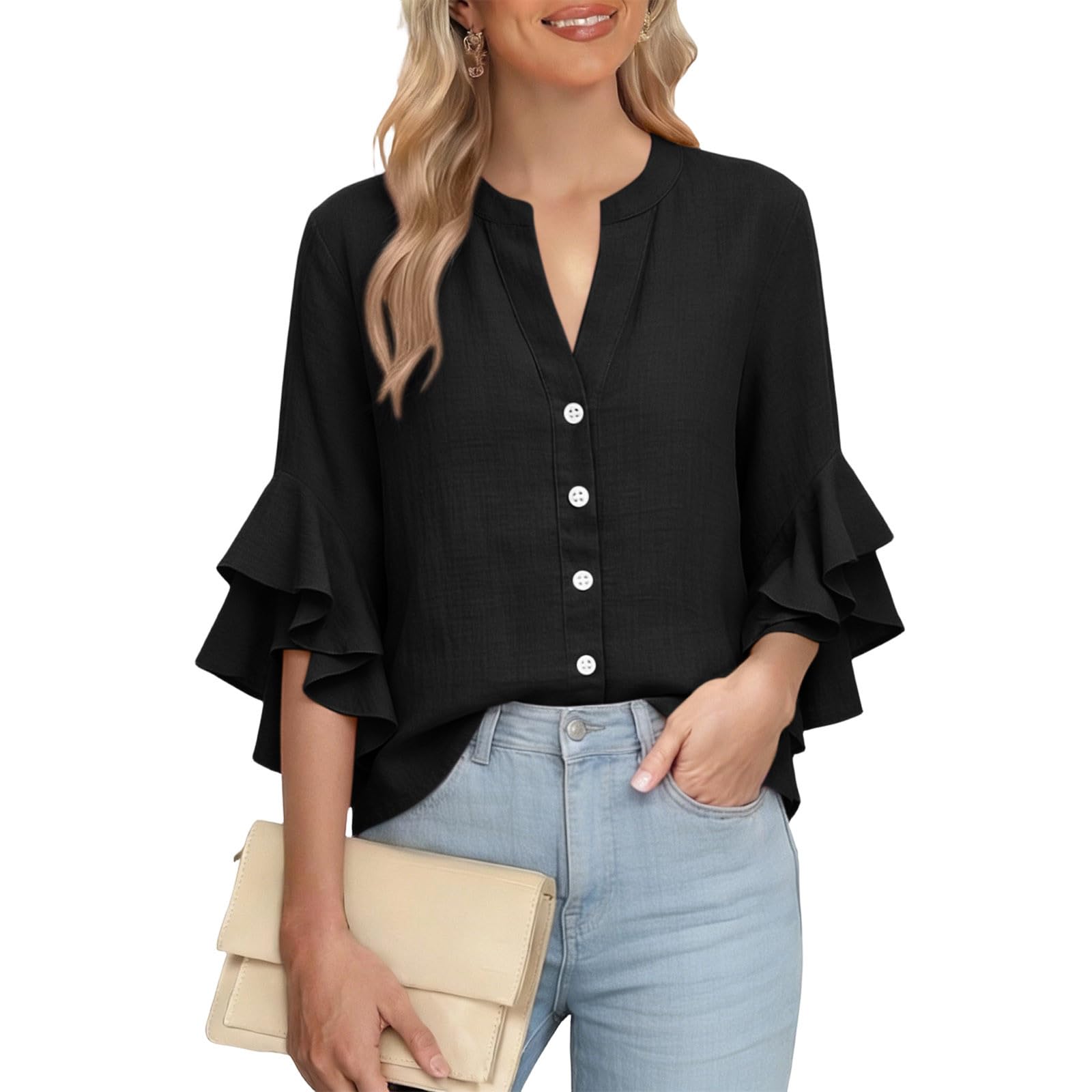 

Топ с рукавами-воланами 3/4 Хлопок Лен V-образный вырез Блузки Повседневные Нарядные Элегантные Рубашки Bebonnie Пляжные Футболки L чёрный