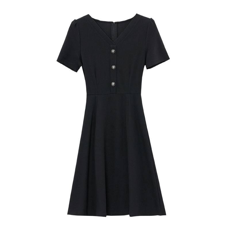 Summer 2026 Hepburn-Style V-Neck Slimming Little Black Dress with Puff Sleeves