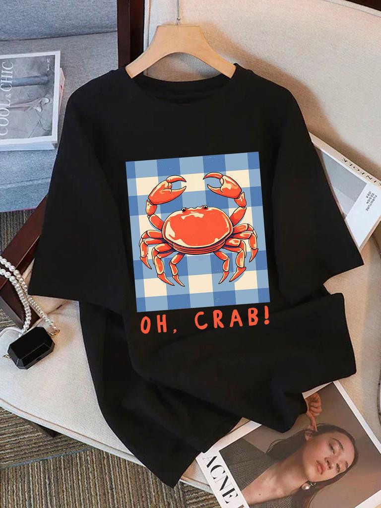Oh Crab Prints Women Basics T Shirt Summer Casual Oversize T-Shirts Trendy  Multicolor Top Unisex Loose Short Sleeve