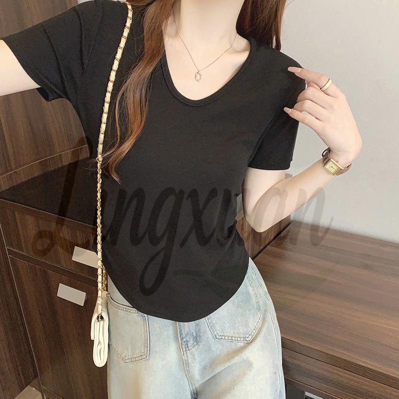 

2026 Plus Size Women s Korean Style Ruffle Short Sleeve T-shirt - Solid Color, Age-Reducing, Round Neck 4XL чорний