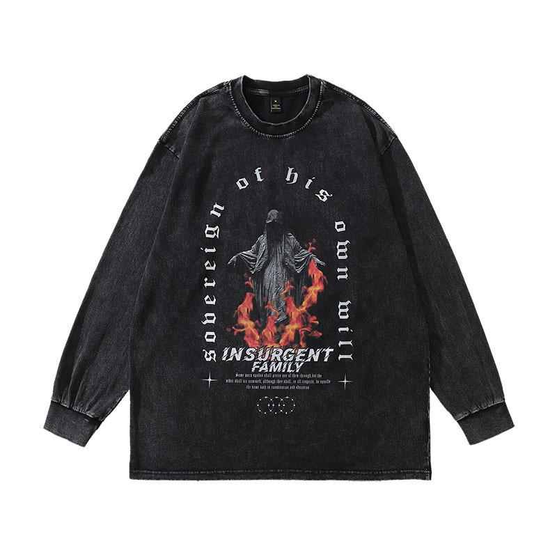 High Street Printed Sweater Ins American Retro Trendy Brand Washed Old Oversize Cotton Long Sleeve T-Shirt Men