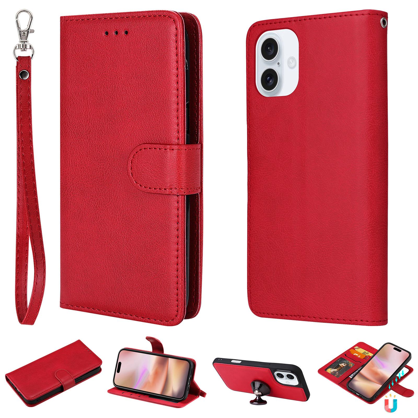 

For iPhone 16 Plus Case 2 in 1 Detachable Magnetic Leather Wallet Mobile Cover with Strap Red