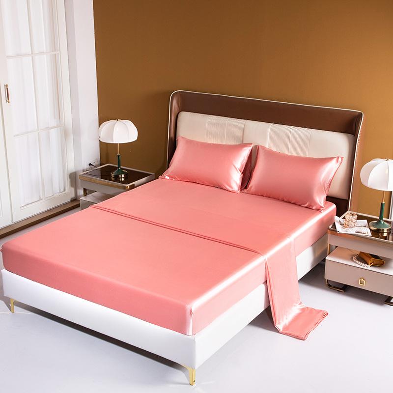 Bed Sheet Fitted Sheet Pillowcase Artificial Silk Satin Four-Piece Set Solid Color Ice Silk Three-Piece Set