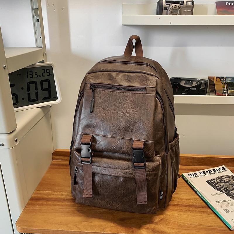 Schoolbag Retro Casual Backpack Men's Backpack Computer Bag College Style Korean Version Student Schoolbag Women's Pu Leather Travel Trendy Bag