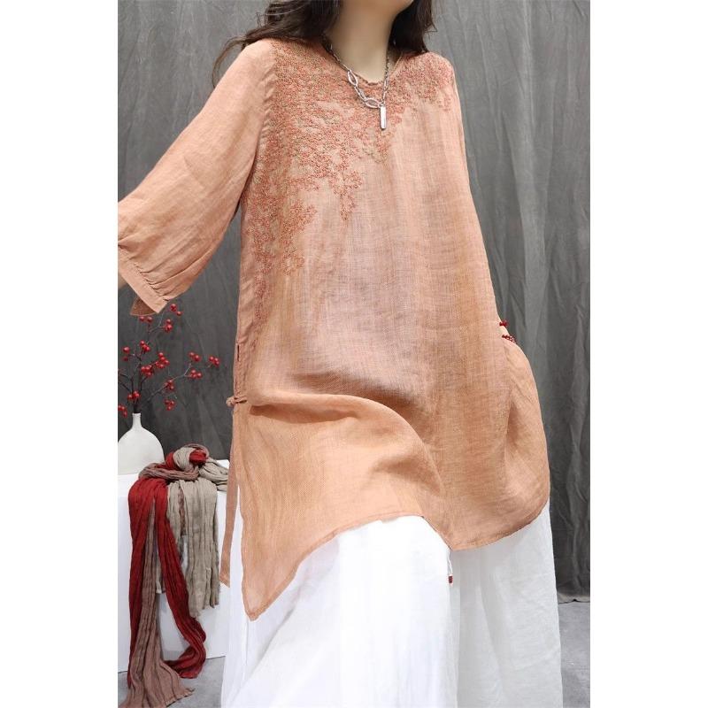 Women Summer Spring Round Neck Half Sleeve Cotton Linen Blend Embroidered Retro Casual Tunic Top