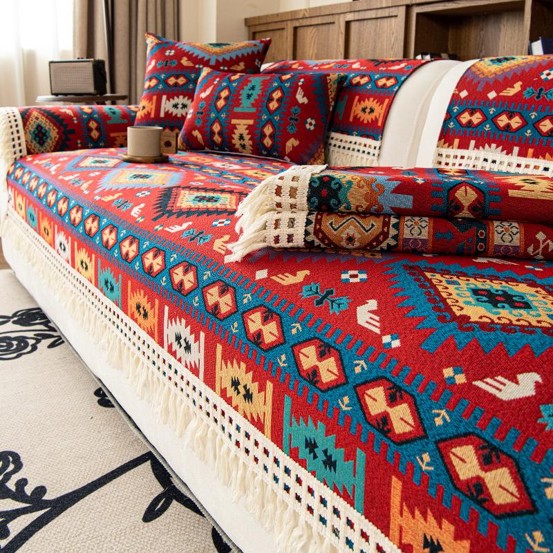 Premium Ethnic Style Sofa Cover Cloth Fixed Anti Slip Straight Row Sofa Cushion One-Piece All Season Universal Retro Classic