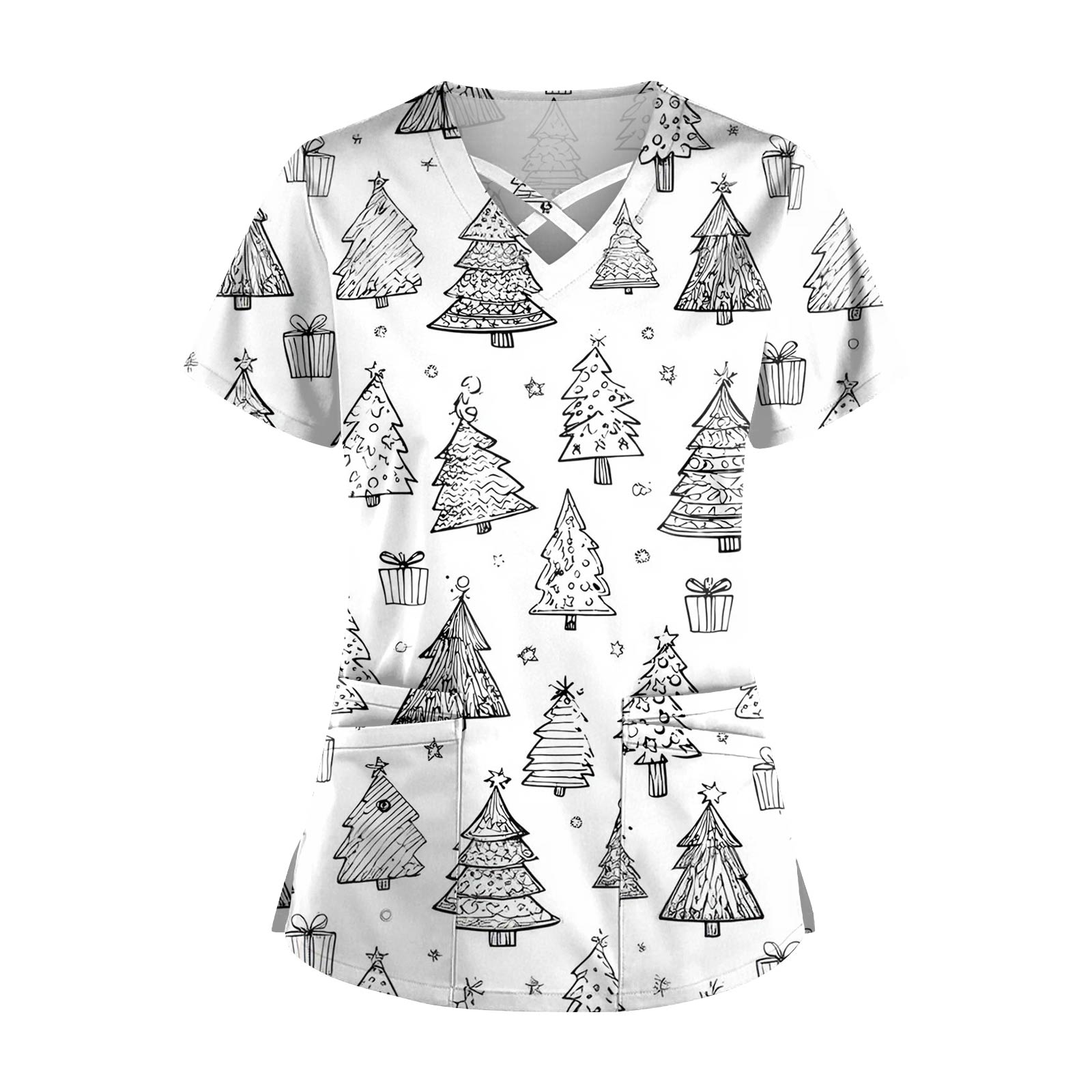 

Женский топ с коротким рукавом, ступенчатым V-образным вырезом, принтом и карманом, быстросохнущий L тёмно-синий