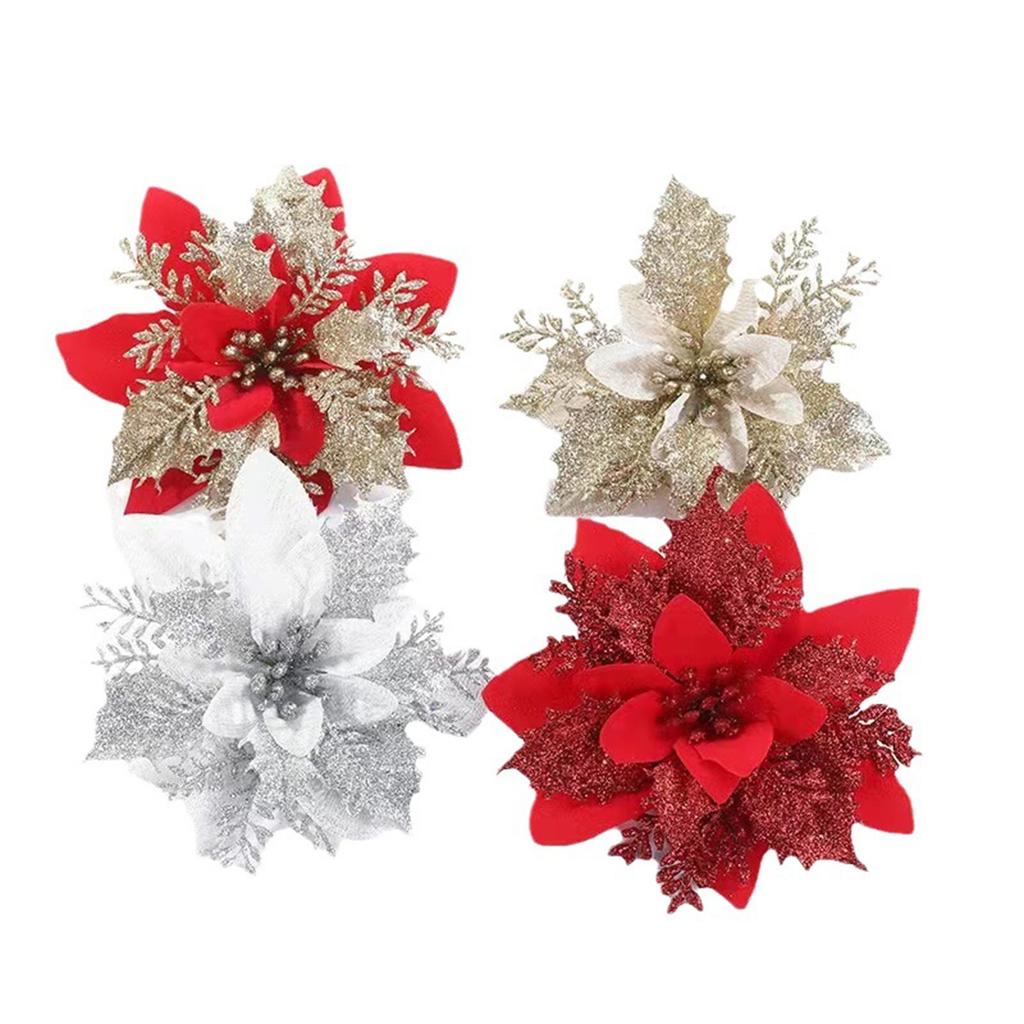 10pcs Glitter Artificial Poinsettia Flower Christmas Decorations for XmasTree Wreath Ornament Wedding Home New Year Gift