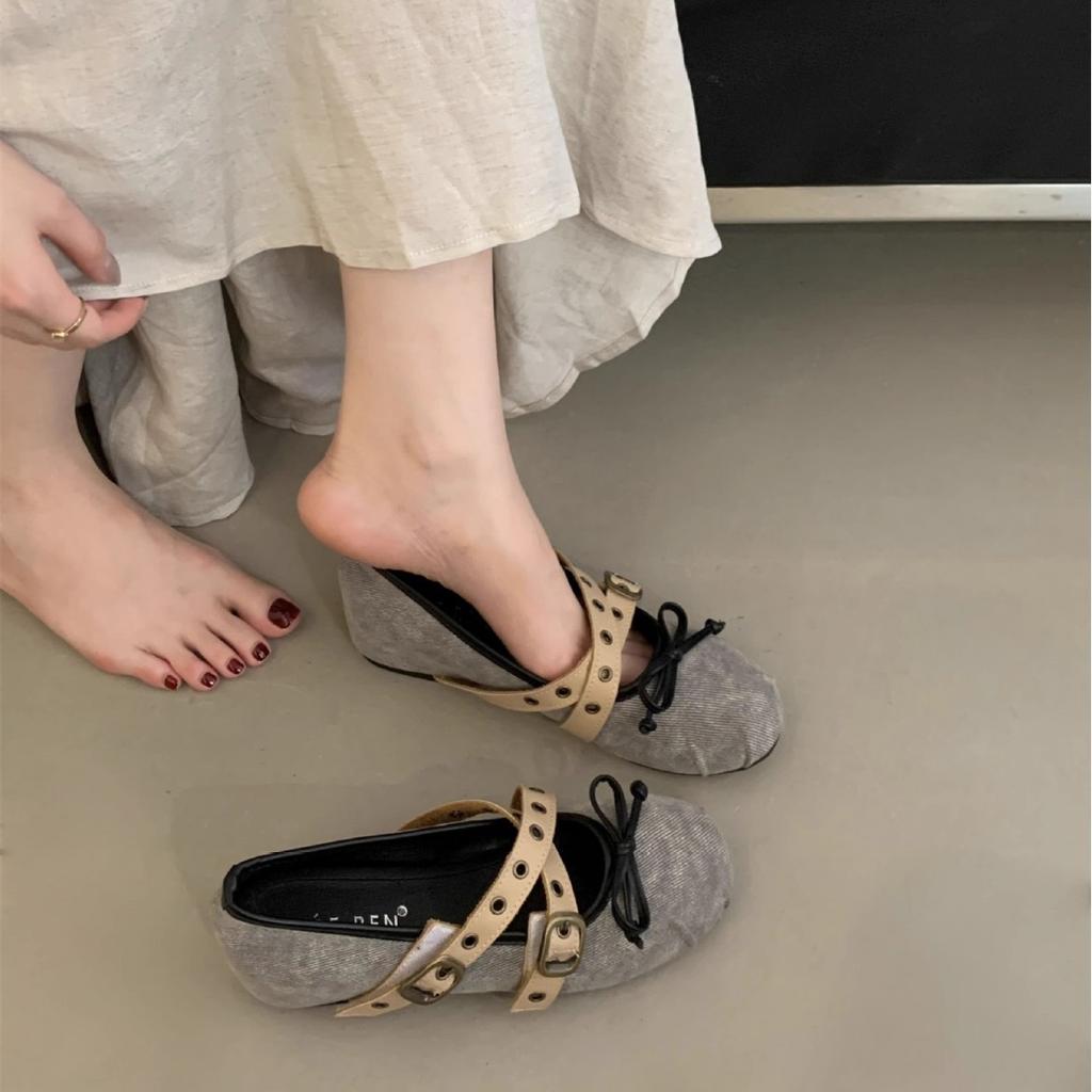 Inner Height Increasing 3CM Cross Belt Buckle Ballet Shoes Women's Flat 2025 Mary Jane Shoes Bow Single Shoes Women's