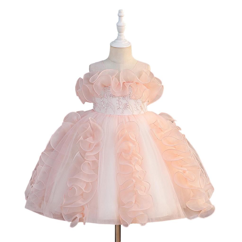 Girls' Ruffled Mesh Princess Dress for Holidays and Piano Performances