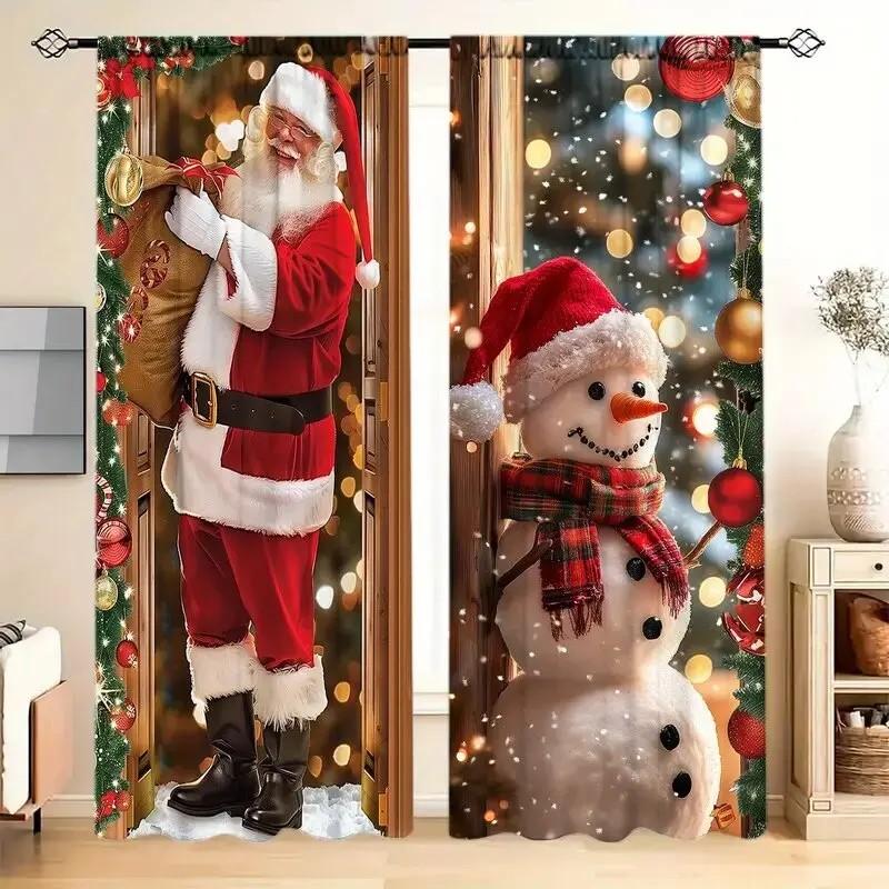 Set Of 2 Jit Festive Santa Snowman Printed Curtain Polyester Christmas Window Decor Home Curtai Curtains Light Blocking Made