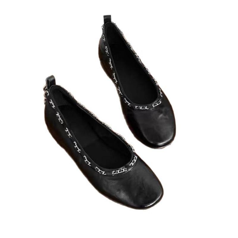 Mode svarta rundnos platt-sula enkla skor dam nya höst mångsidiga lågklackade mjuk-sula djup urringning damskor