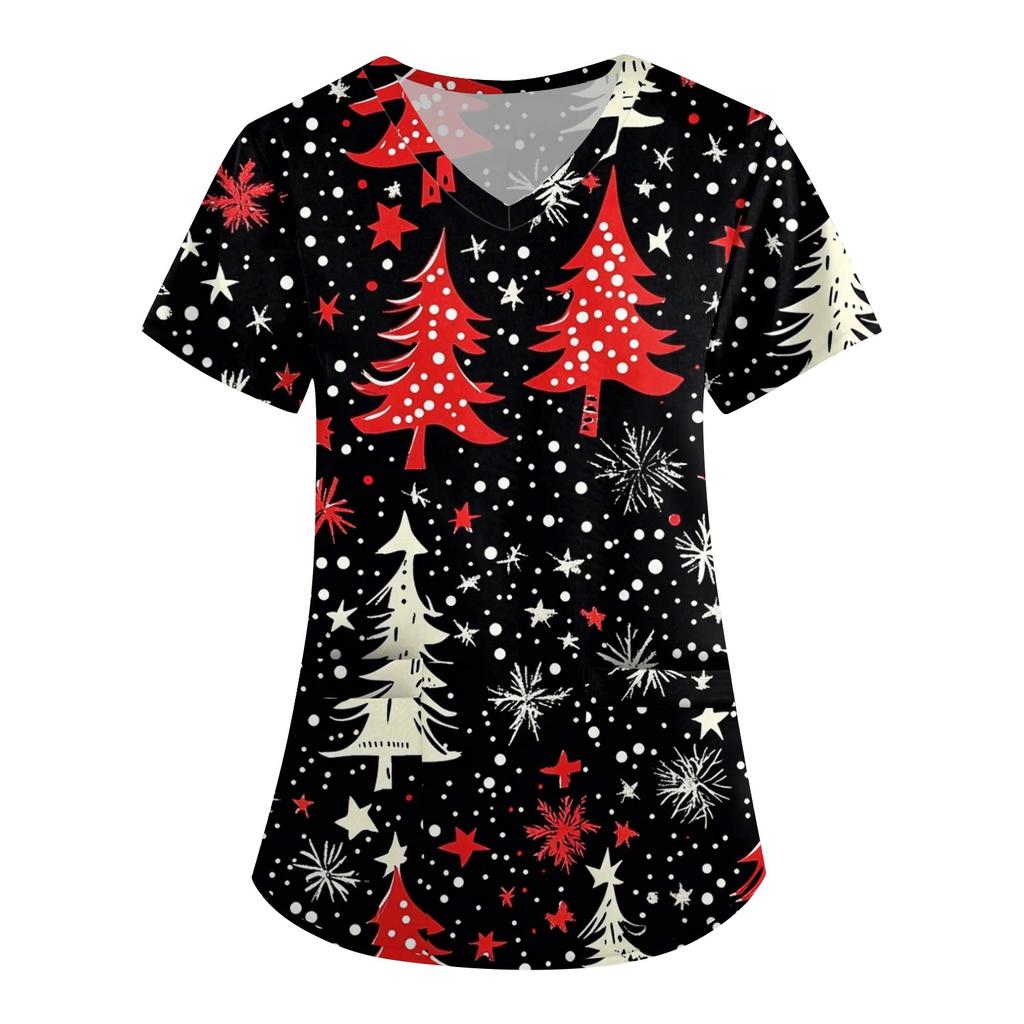 Kadın Sevimli Baskılı İş Kıyafetleri V Yaka Çift Katmanlı Cepler Temel Kısa Kollu Üst Kazak Noel