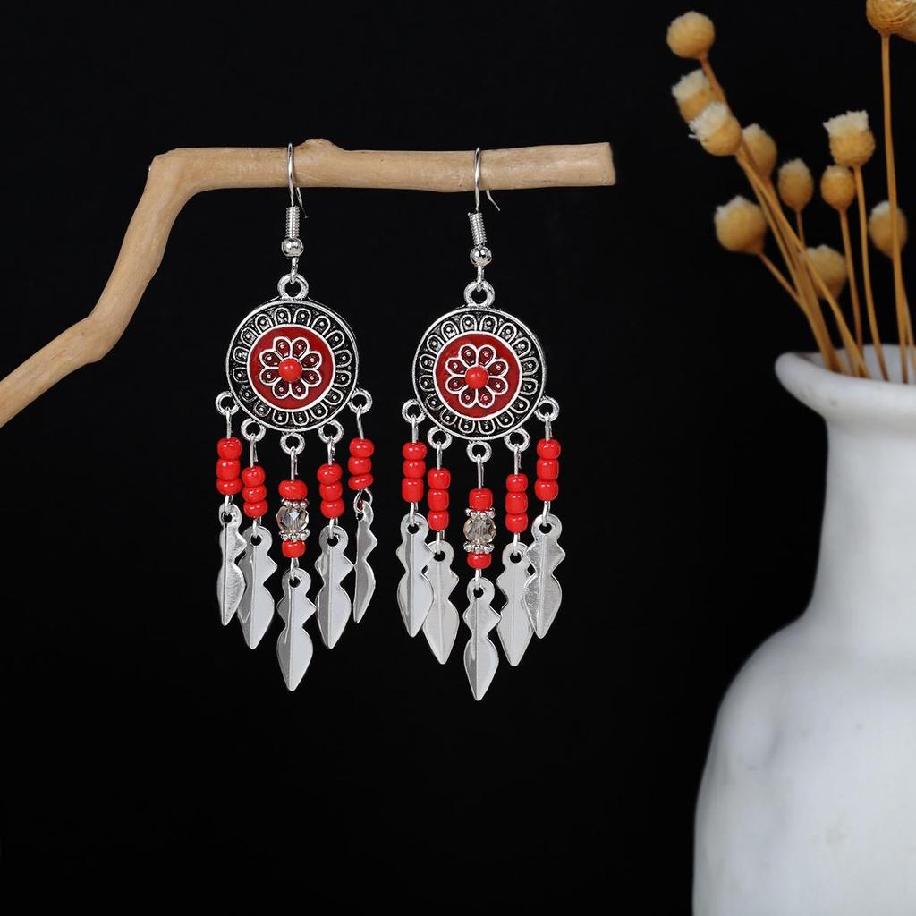 Bohemian Ethnic Oval Tassel Earrings with Beads