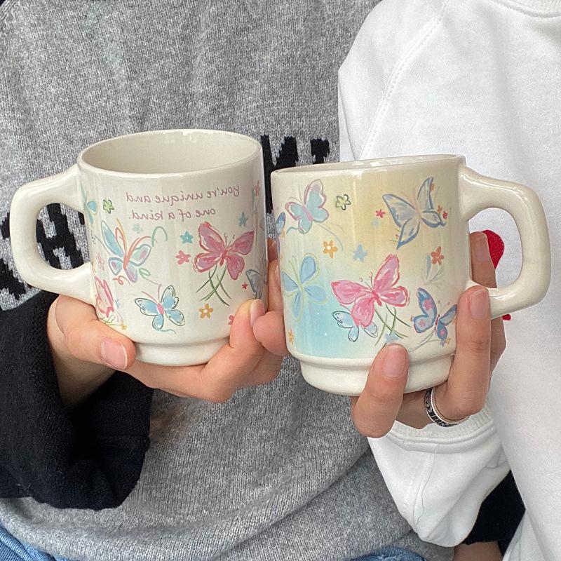 Homemade Atmosphere, Niche Childlike Fun, Spring And Summer Painted Lines, Butterfly Ceramic Cup, Coffee Cup, Water Cup 340M