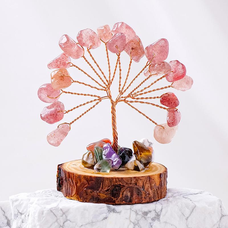 Natural Crystal Chips Tree Handmade With Copper Wire Wood Stump Base Money Tree Of Life Ornament Home Office Decor