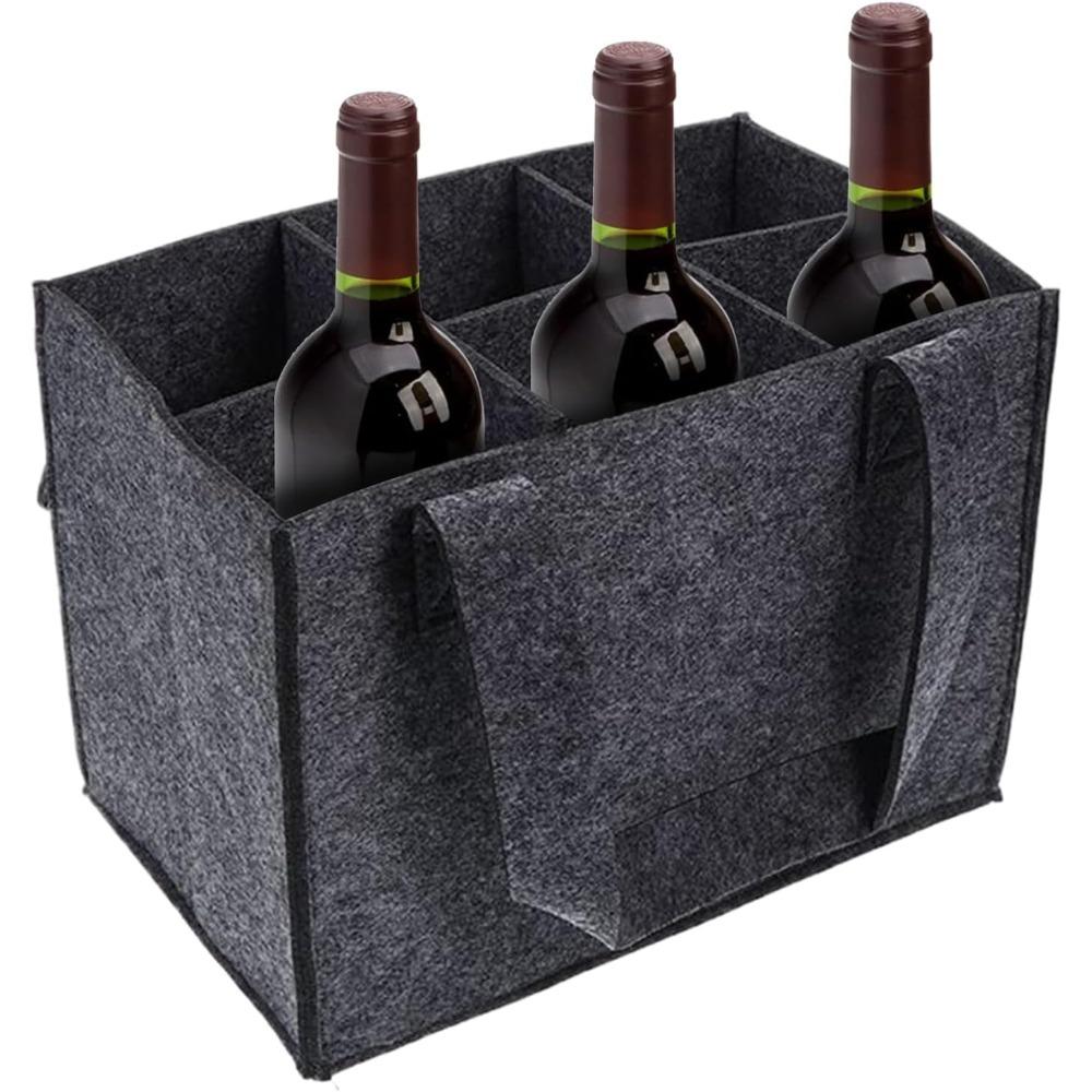 Felt Wine Bottle Carrier Bag, 6 Bottle Portable Liquor Tote with Soft Sturdy Handles, Organizer for Wedding Travel Picnic Party Holiday Gray
