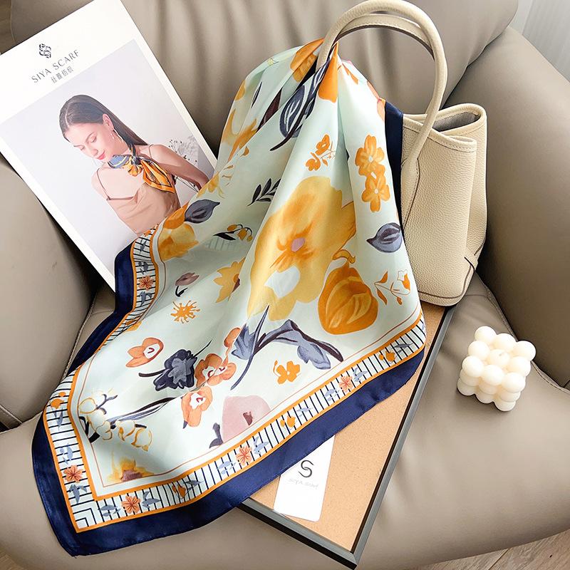 Korean Version of Spring Versatile Flower Small Square Scarf Small Fresh Chest Wrap Headscarf Decorative Scarf Neck Small Scarf Small Silk Scarf