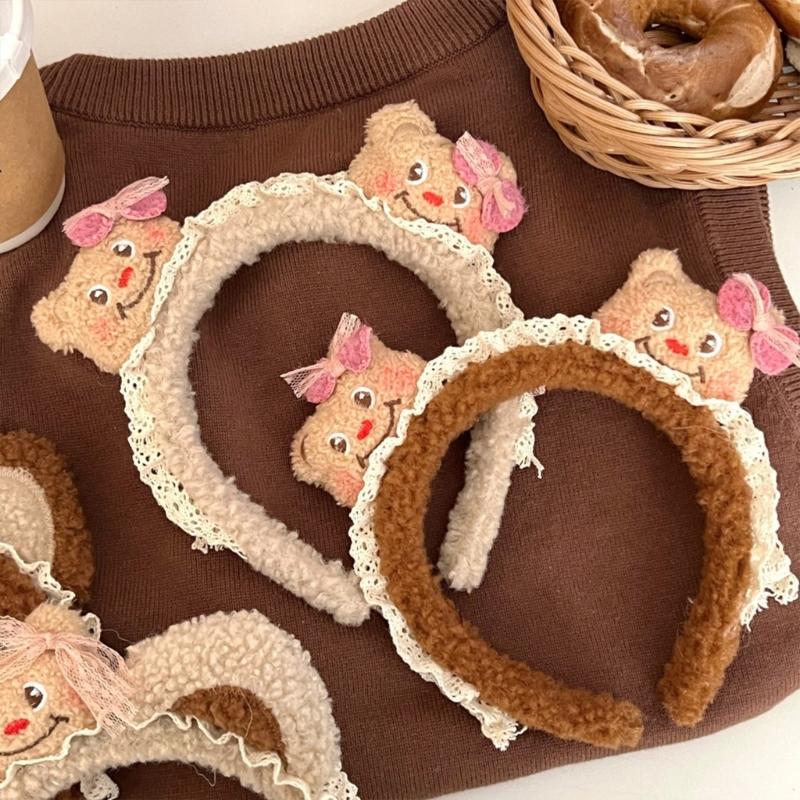 Lace Plush Bear Hairhoop for Adult Children Theme Party Props Cartoon Bear Headband for Women Face Washing Kids Birthday
