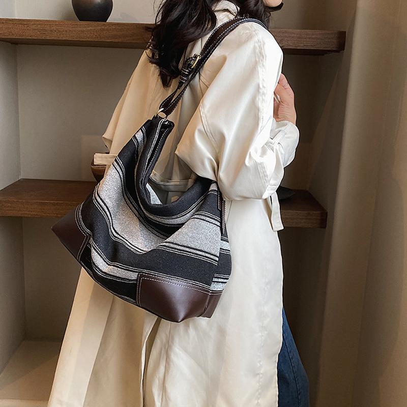 

Маленькая сумка-тоут в стиле ретро для женщин, новая холщовая полосатая контрастная сумка для поездок на работу, модная сумка через плечо на одно плечо (30cm<Max Length<50cm)