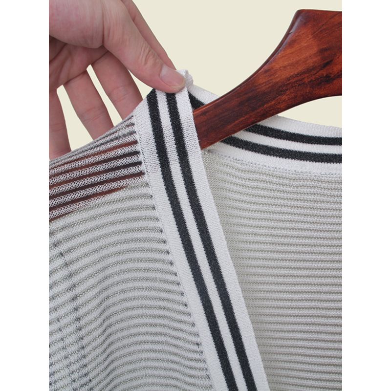 French Style Normcore V Neck Long Sleeves Thin Color Matching Sun Protection Shirt Summer Hollow-out Elegant Knitting Cardigan Women