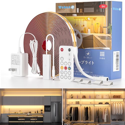 

Wobane COB LED Strip Light, 5M, Warm White, 2000lm, High Brightness, Remote Control, 10-Level Dimming, Timer & Memory Function, 320 LEDs/m, 8mm Wide,