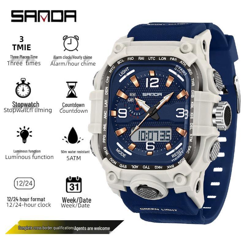 Sanda Men's Trendy Waterproof Multi-Functional Electronic Watches with Three-Time Zones for Casual Use