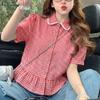 Women Plaid Print Casual Doll Collar Loose Short Sleeve Blouse