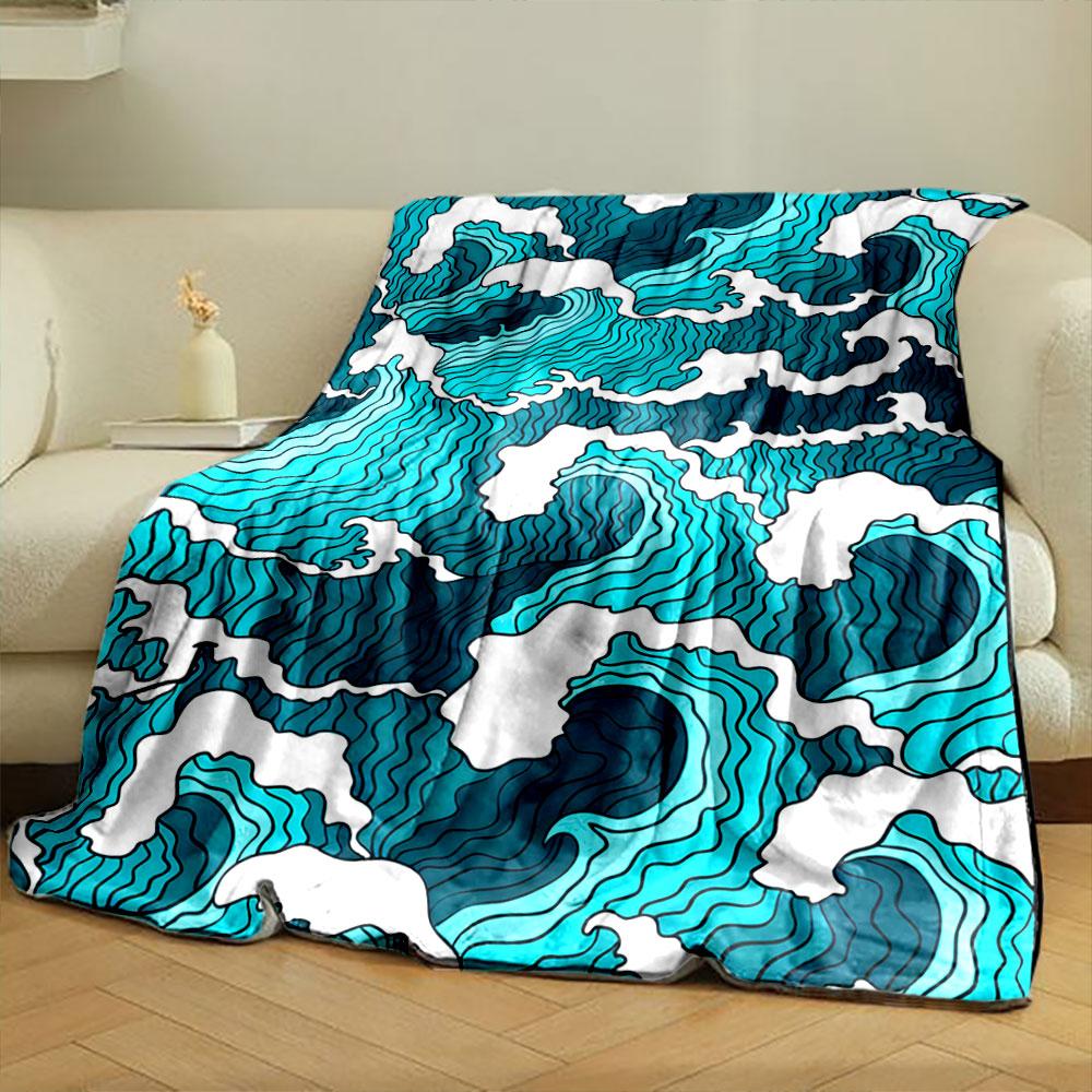 Stylized Multicolored Waves with Bold Outlines and Curved Foam Crests. for All Seasons Blanket Lunch Break Throw Gift