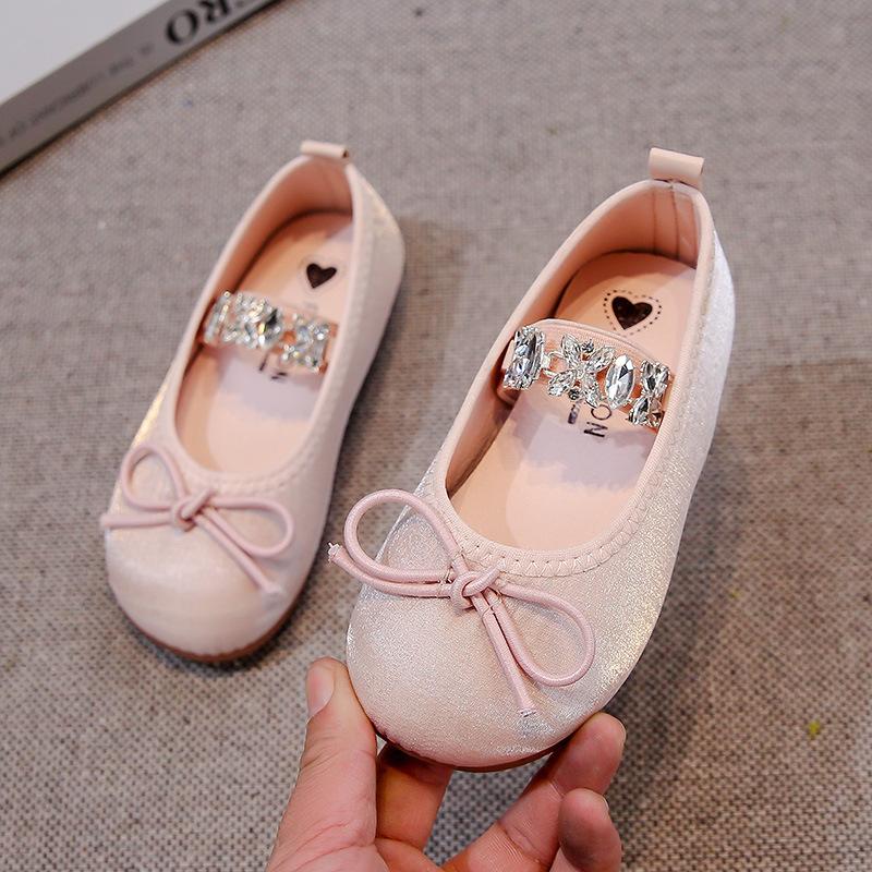 Girls Flat Shoes Round Toes Simple Bows Kids Leather Shoes Shiny Crystal 2025 Spring Autumn Girls Princess Shoes Soft Sole Ins