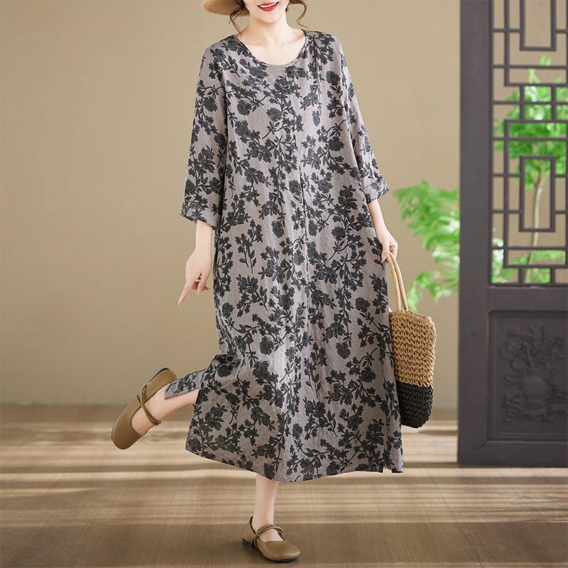 In-Stock Printed Cotton Plus Size Long-Sleeve Women's Dress with Round Neckline