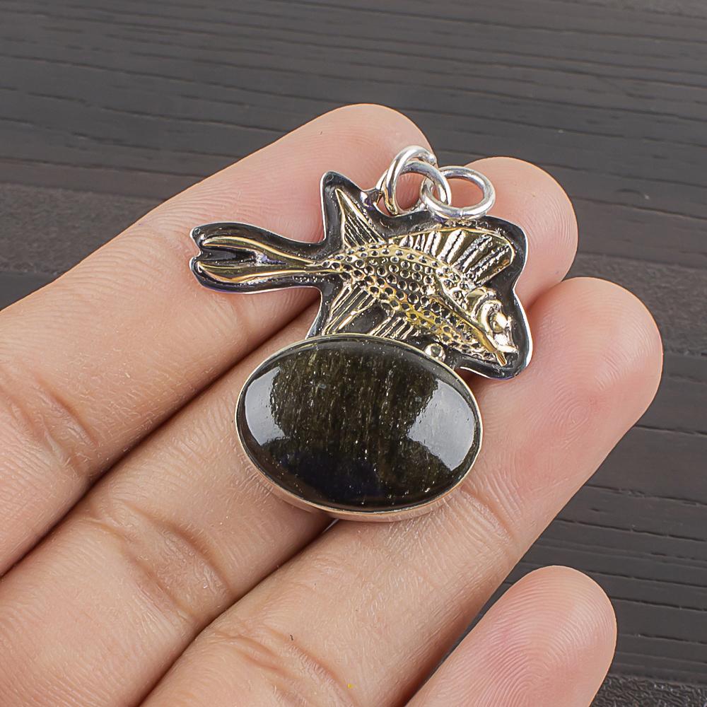 Натуральный Золотой Обсидиан Камень 925 Пробы Серебро Ювелирные изделия Подвеска 1.36  AJP-2211
