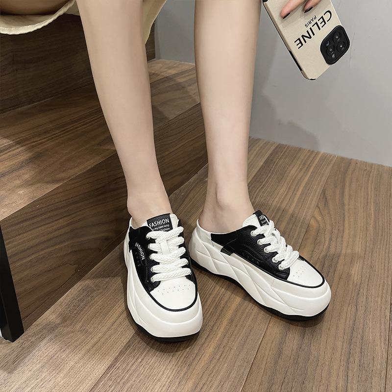 Half Slippers Women's Summer Leather Platform Slippers Versatile Bag Head Drag Casual Sports Little White Shoes Beige Comfortable