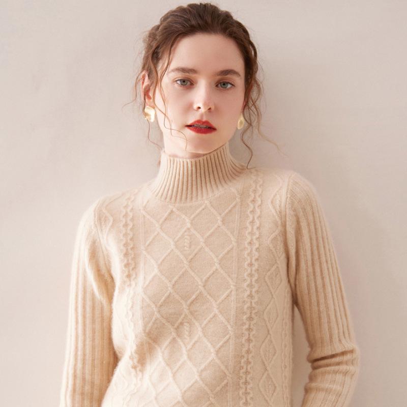 Women's 100% Pure Wool Sweater: Autumn/Winter Half-High Collar, Diamond Cable Knit, Long Sleeve, Loose-Fit Knitwear
