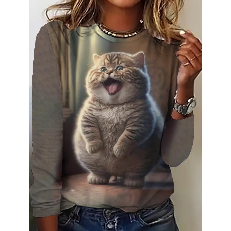 Camiseta de Otoño para Mujer de Manga Larga Estampado de Gato Lindo Calle Casual Cuello Redondo Jersey Ropa Oversize