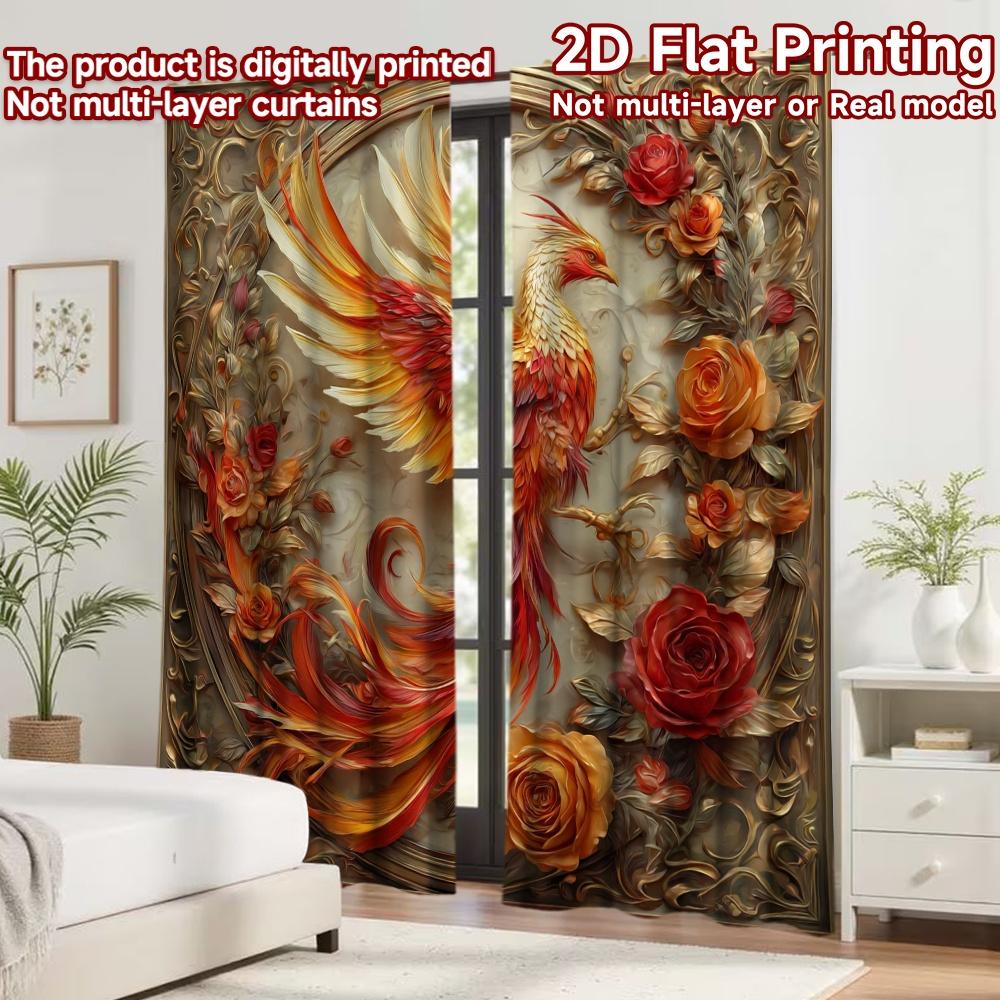 2D Flat Printing 2pcs Curtain Curtains Phoenix with Fiery Roses Digital Printed Polyester Drapes Family Party Decoration for