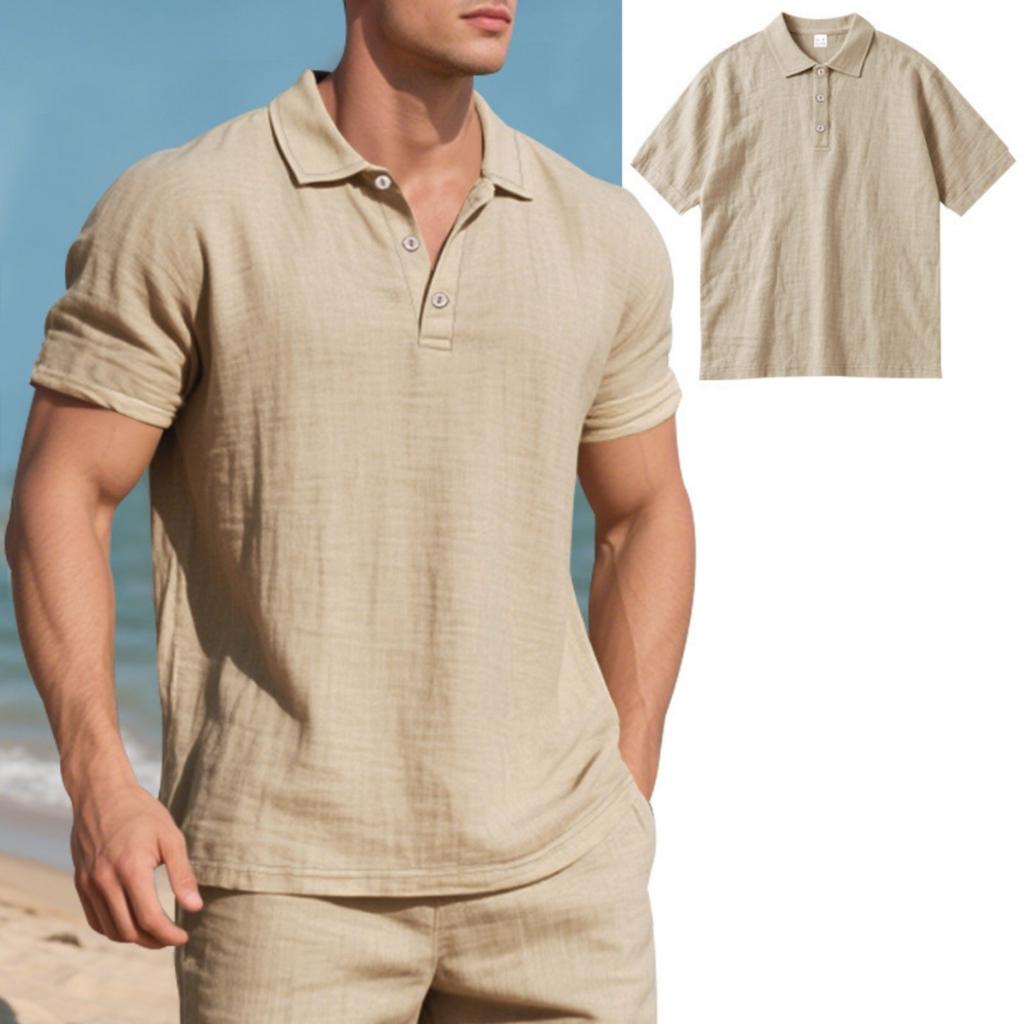Men's Linen Shirts Golf Short Sleeve Shirts Casual Summer Beach  Solid Color Tops