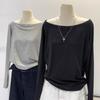 Off-Shoulder Reines Baumwoll-Langarm-T-Shirt Damen Schwarz Asymmetrische Schulter Tee Herbst Winter Locker zum Layering Basis Oberteil