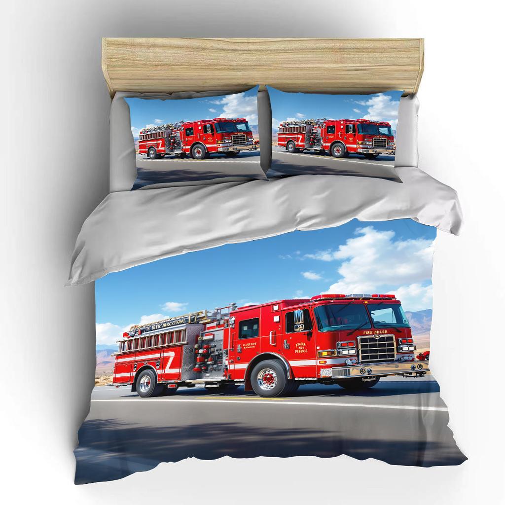 Red Fire Truck Driving On Road Print Soft Comfortable Duvet Cover Bedding Set Included 1*Duvet Cover  2*Pillowcases