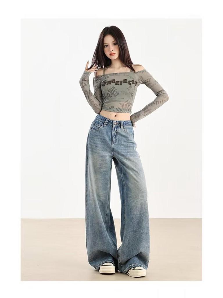 Women's High-Waist Deep Blue Wide-Leg Jeans - Versatile, Slimming, and Floor-Length for Spring & Autumn 2025