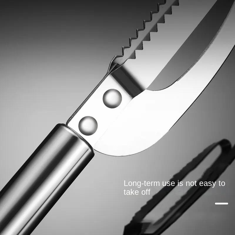 Scale Scraper 3 in 1 Stainless Steel Fish Scale Knife Sawtooth Scraping Boning Filleting Cut Dig Maw Knife Remove Scale Brush