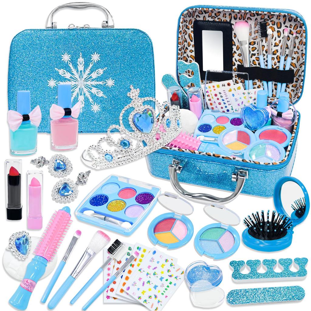 VBACALA Make-up Spielzeug, 32-teiliges farbiges Make-up Set für Mädchen, Prinzessinnen Schminktisch Spielzeug, Rollenspiel, Make-up Spielzeug mit Handtasche, Weihnachten, Geburtstagsgeschenk, Blau