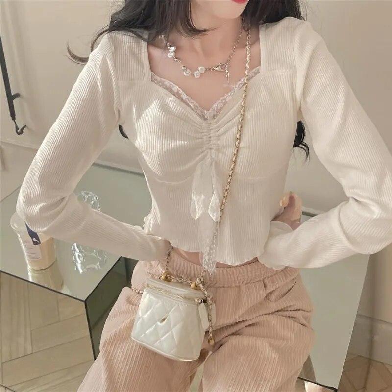 Long Sleeve T-shirts Women Square Collar Slim Solid Shirring Cropped Chic Korean Pure Color Tops Vintage Ins Feminino Newest