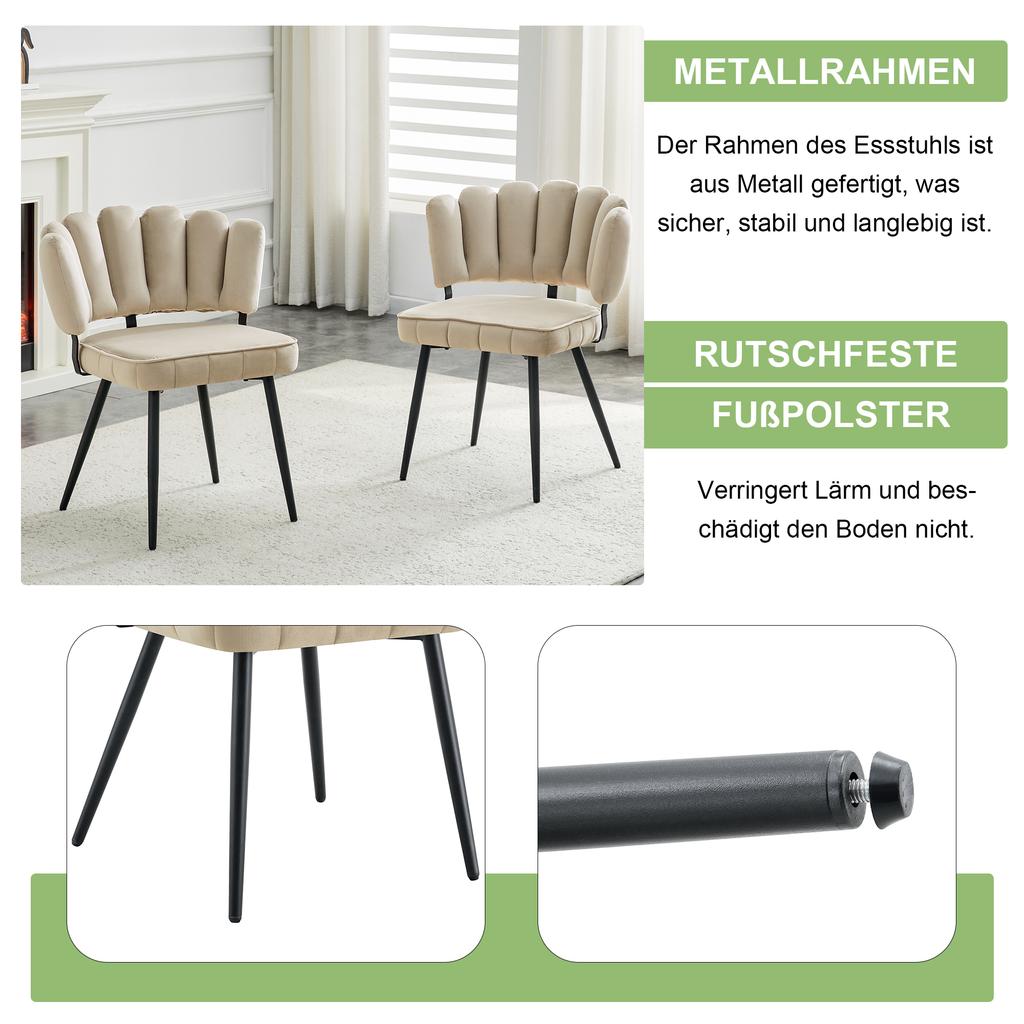 Set of 2 European Dining Chairs with Flower-Shaped Backrest and Velvet Cover. Textured Velvet + Black Metal Legs, 80 cm High, Living and Dining Area.