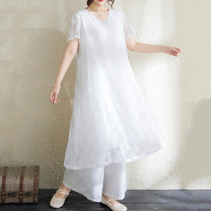 Korte mouw Grote maten kant vintage bloemen nieuw in jurken voor dames casual los lang zomerjurk